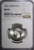 GREAT BRITAIN George VI Silver 1942 Florin 2 Shilling NGC MS64 WWII Issue KM#855