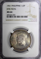 PHILIPPINES Silver 1961   1/2 Peso NGC MS64 Dr. Jose Rizal Toned KM# 191 (07)