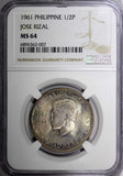 PHILIPPINES Silver 1961   1/2 Peso NGC MS64 Dr. Jose Rizal Toned KM# 191 (07)