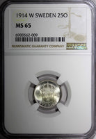 SWEDEN Gustaf V Silver 1914 W 25 Ore NGC MS65 GEM BU  KM# 785 (009)