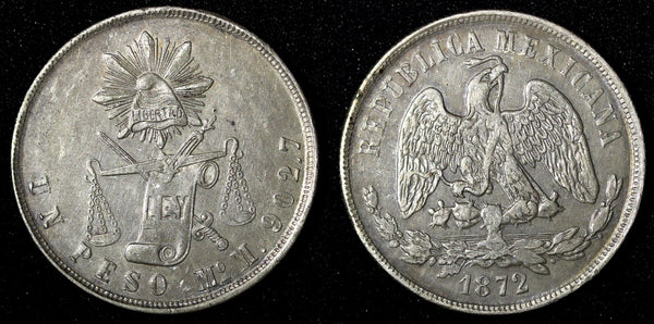 Mexico Silver 1872 Mo M Peso Scales Mexico City Mint aUNC KM# 408.5 (28 267)