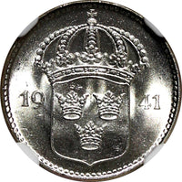 SWEDEN Gustaf V Silver 1941 G 10 Ore NGC MS65 WWII ISSUE 1 GRADED HIGHER KM# 780