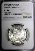 SWEDEN Silver 1907 EB 2 Kronor NGC MS63 Golden Wedding Anniversary KM# 776 (034)