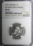 GREAT BRITAIN George V Silver 1927 1 Shilling NGC MS64 1st Year Type KM# 833 (9)
