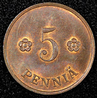 FINLAND Copper 1935 5 Penniä UNC KM# 22 (24 004)