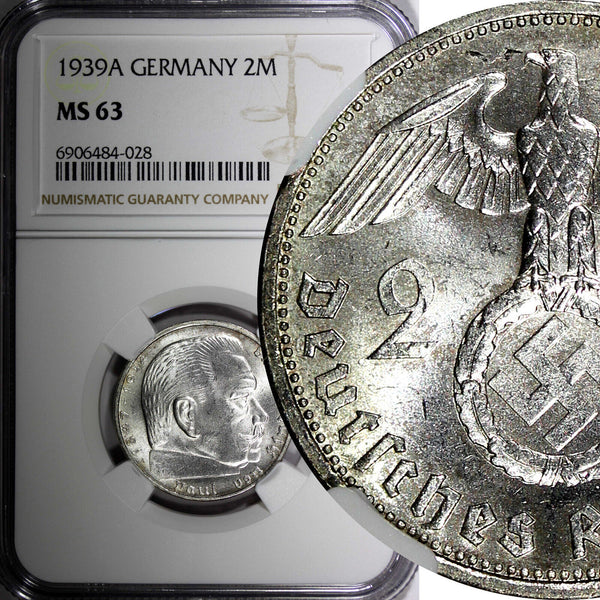 Germany-Third Reich Silver 1939 A 2 Reichs Mark NGC MS63 Hindenburg KM# 93 (028)