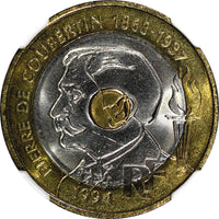 FRANCE Tri-Metallic 1994 20 Francs Pierre de Coubertin NGC MS65 TOP GRADE KME146