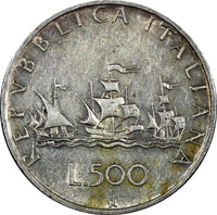 ITALY Silver 1959 R 500 Lire Columbus' ships HIGH GRADE KM# 98 (25 132)