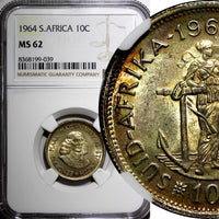 South Africa Silver 1964 10 Cents Jan van Riebeeck NGC MS62 Toned KM# 60 (039)
