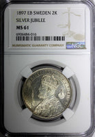 SWEDEN Silver Jubilee Oscar II 1897 EB 2 Kronor NGC MS61 Nice Toned KM# 762 (16)