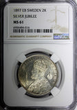 SWEDEN Silver Jubilee Oscar II 1897 EB 2 Kronor NGC MS61 Nice Toned KM# 762 (16)