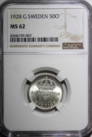SWEDEN Gustaf V Silver 1928 G 50 Ore NGC MS62 KM# 788 (007)