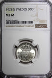 SWEDEN Gustaf V Silver 1928 G 50 Ore NGC MS62 KM# 788 (007)