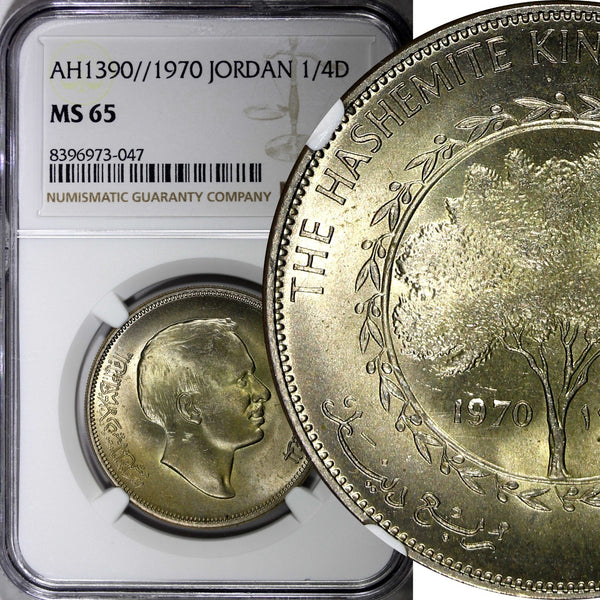 Jordan AH1390 1970  1/4 Dinar NGC MS65 NICE TONED BU KM# 28 (047)