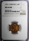 Great Britain George V Bronze 1931 Farthing NGC MS64 RB NICE RED  KM# 825 (034)