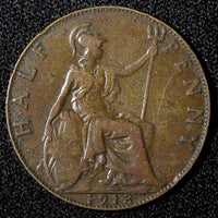 Great Britain George V Bronze 1913 1/2  Penny KM# 809 (28 293)