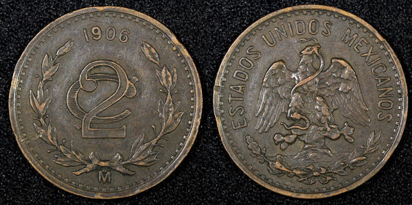 MEXICO ESTADOS UNIDOS MEXICANOS Bronze 1906 2 Centavos XF Toned KM# 419 (27 170)