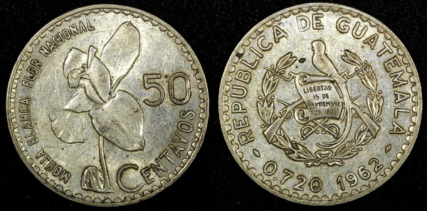 Guatemala Silver 1962 50 Centavos 31 mm Toned KM# 264 (24 652)