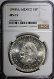 MEXICO Silver 1948 Mo 5 Pesos NGC MS65 Cuauhtemoc 40mm Mint Luster KM# 465 (032)