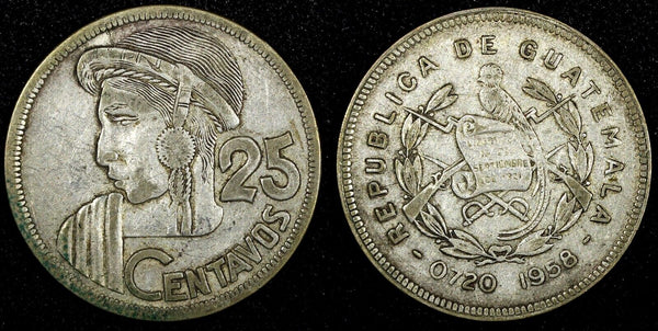 Guatemala Silver 1958 25 Centavos Mintage-394 361 27mm Toned KM# 258 (24 648)