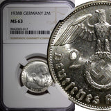 Germany - Third Reich Silver 1938 B 2 Reichs Mark NGC MS63 Hindenburg KM# 93 (7)