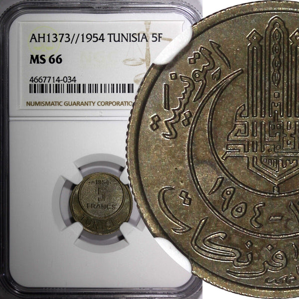 TUNISIA Muhammad VIII AH1373 1954  5 Francs NGC MS66 TOP GRADED KM# 277 (034)