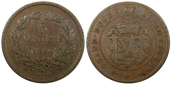 Luxembourg William III Bronze 1860 A 5 Centimes Paris Mint KM# 22.2 (24 505)