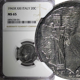 Italy Vittorio Emanuele III 1943 20 Centesimi WWII Issue NGC MS65  KM# 75b (1)