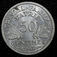 France Aluminum 1942  50 Centimes WWII Issue KM# 914.1 (24 975)
