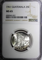 GUATEMALA Silver 1961 25 Centavos NGC MS65 GEM BU KM# 263 (027)