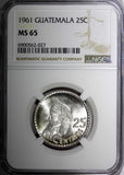 GUATEMALA Silver 1961 25 Centavos NGC MS65 GEM BU KM# 263 (027)