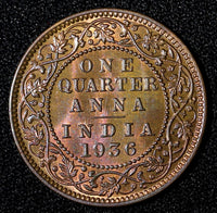 India-British George V Bronze 1936 (B) 1/4 Anna GEM BU  Toned KM# 512  (27 727)