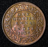 India-British George V Bronze 1936 (B) 1/4 Anna GEM BU  Toned KM# 512  (27 727)