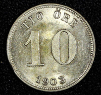 SWEDEN Oscar II Silver 1903 10 Öre Rim Nick UNC KM# 755 (27 256)
