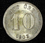 SWEDEN Oscar II Silver 1903 10 Öre Rim Nick UNC KM# 755 (27 256)