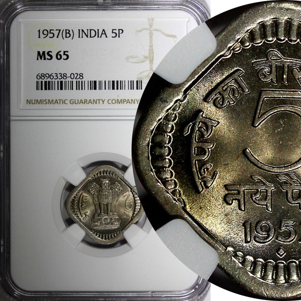 India-Republic Copper-Nickel 1957 (C) 5 Naye Paise 1st Year NGC MS65 KM# 16 (28)