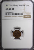 Tunisia TUNIS Copper AH1281 (1864) 1/4 Kharub NGC MS66 RB TOP GRADED KM# 153 (7)