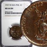 Philippines U.S. Administration Bronze 1937 M 1 Centavo NGC MS64 BN KM#179 (024)