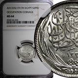 Egypt Occupation Coinage Silver AH1335/1917 H 2 Piastres NGC MS64 KM# 317.2 (34)