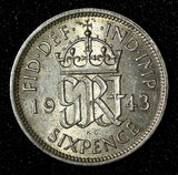 Great Britain George VI Silver 1943 6 Pence WWII Issue KM# 852 (28 468)