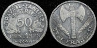 France Aluminum 1944 B 50 Centimes WWII Issue Beaumont Mint KM# 914.2 (24 973)