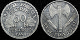 France Aluminum 1944 B 50 Centimes WWII Issue Beaumont Mint KM# 914.2 (24 973)