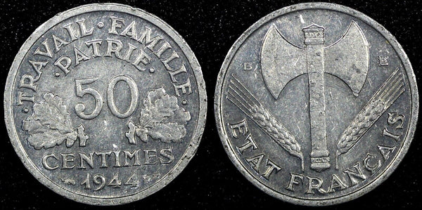 France Aluminum 1944 B 50 Centimes WWII Issue Beaumont Mint KM# 914.2 (24 973)