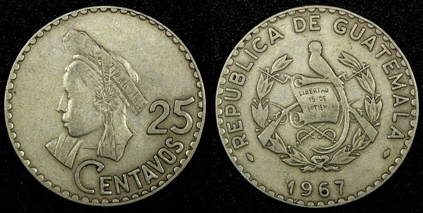 GUATEMALA Copper-Nickel 1967 25 Centavos Small Date Light Toned KM# 269 (2 560)