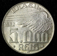 BRAZIL Silver 1937  5000 Reis Santos Dumont Mint-414.000 Toned KM# 543 (27 502)