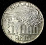BRAZIL Silver 1937  5000 Reis Santos Dumont Mint-414.000 Toned KM# 543 (27 502)