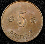 FINLAND Copper 1927 5 Penniä KEY DATE UNC Toned KM# 22 (24 009)