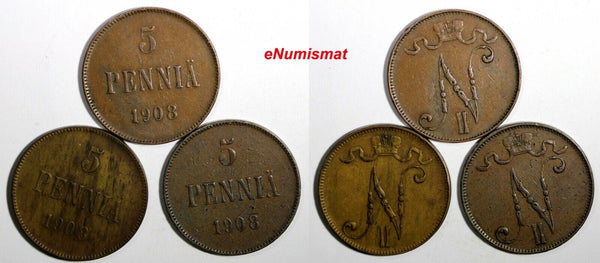 FINLAND Nicholas II Copper 1908  5 Penniä KM# 15 RANDOM PICK (1 Coin) (27 154)