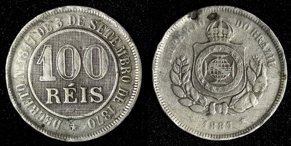 BRAZIL Pedro II Copper-Nickel 1887 100 Reis  KM# 483 (28 279)
