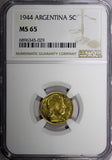 ARGENTINA Aluminum-Bronze 1944 5 Centavos NGC MS65 TOP GRADED KM# 40 (029)